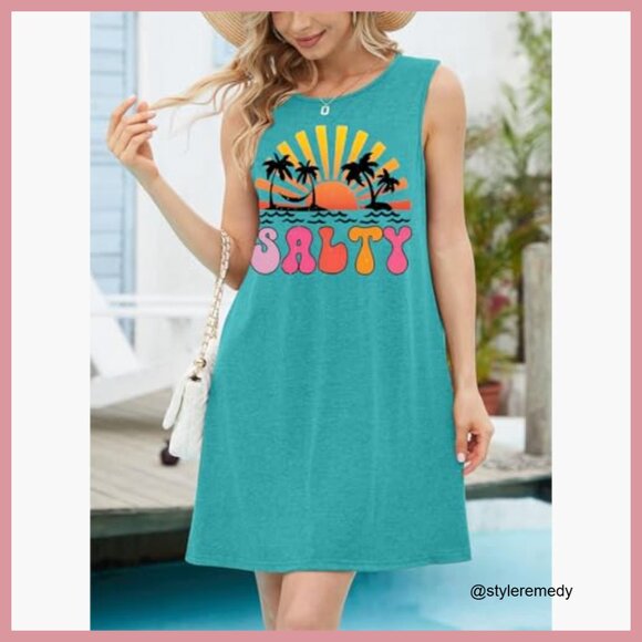 Cotton Blend Sleeveless Graphic Tank Dress Casual Summer Beach - Picture 2 of 7